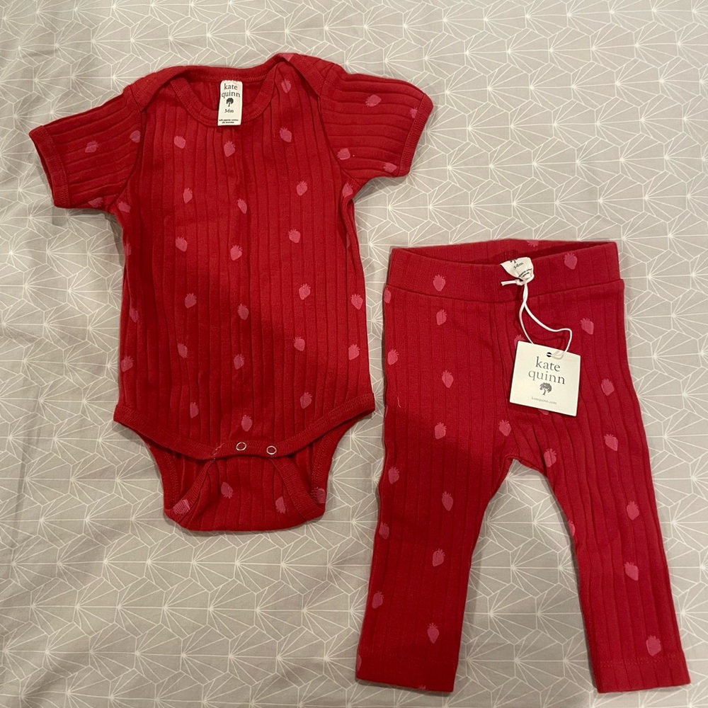Kate Quinn Scarlet Tiny Strawberry Short Sleeve Snap Onsie and Long Pant Set